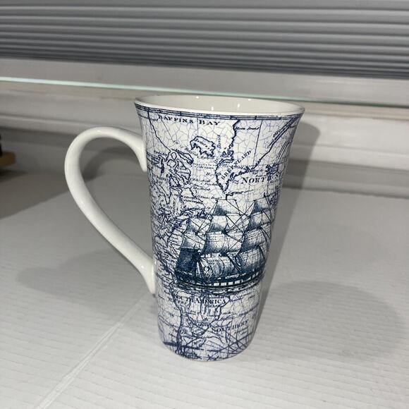 222 Fifth Due North Latte Coffee Mug Nautical Coastal Blue Tall Fine China - Picture 1 of 7